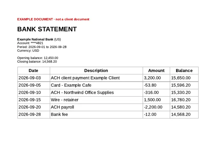 First page of an example US bank statement marked EXAMPLE DOCUMENT