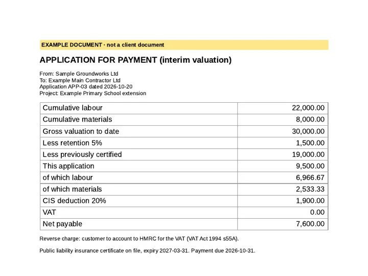First page of an example subcontractor payment application marked EXAMPLE DOCUMENT