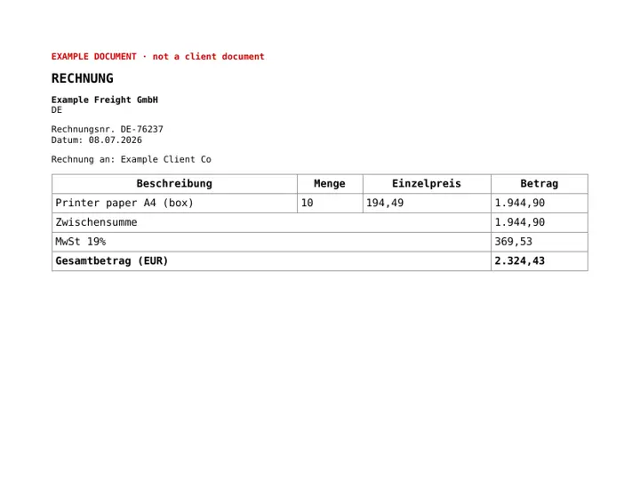 First page of an example German invoice marked EXAMPLE DOCUMENT