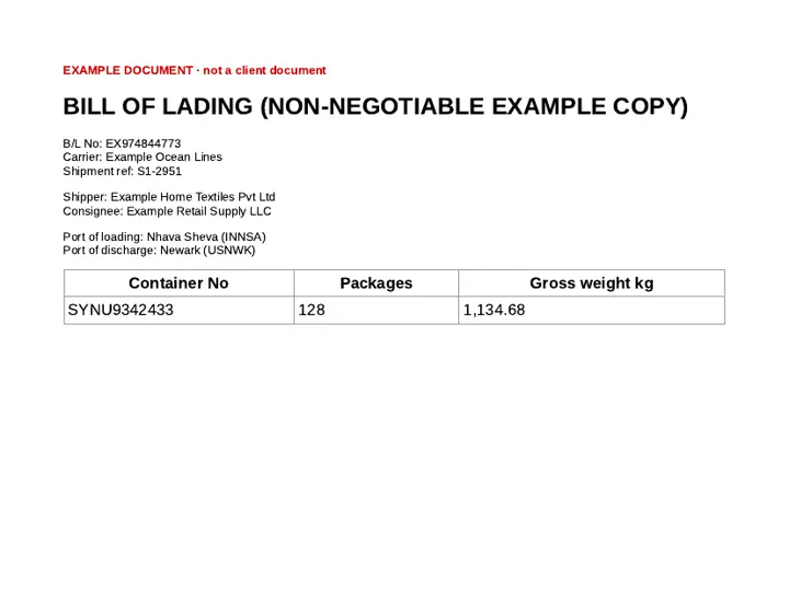 First page of an example bill of lading marked EXAMPLE DOCUMENT